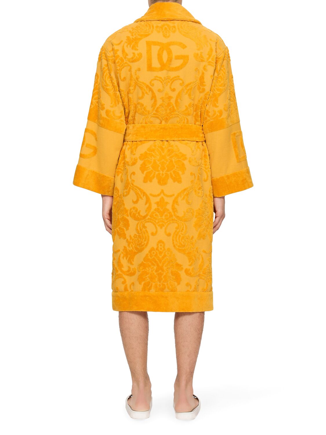 Shop Dolce & Gabbana Cotton Jacquard Bathrobe In Yellow
