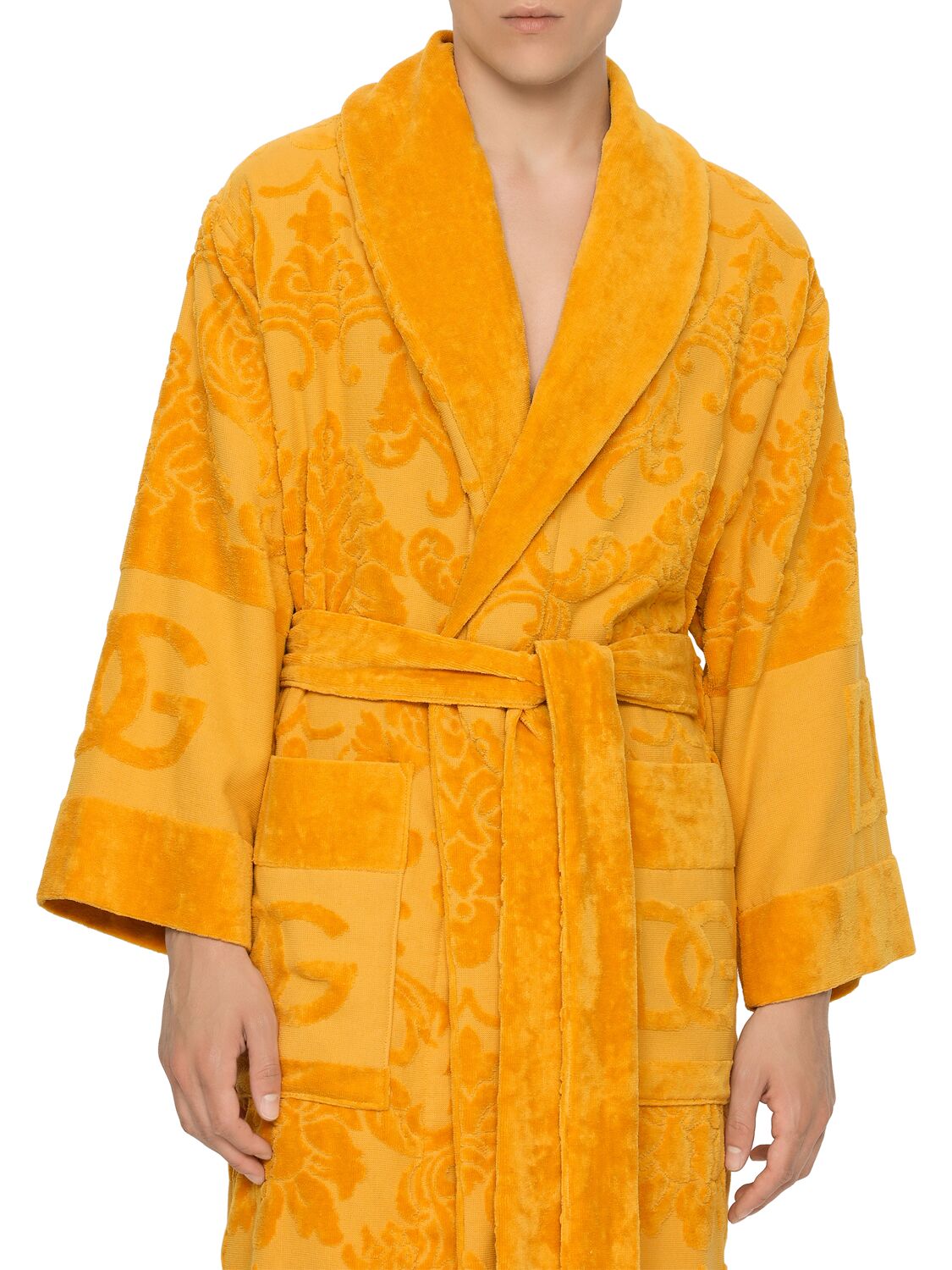 Shop Dolce & Gabbana Cotton Jacquard Bathrobe In Yellow