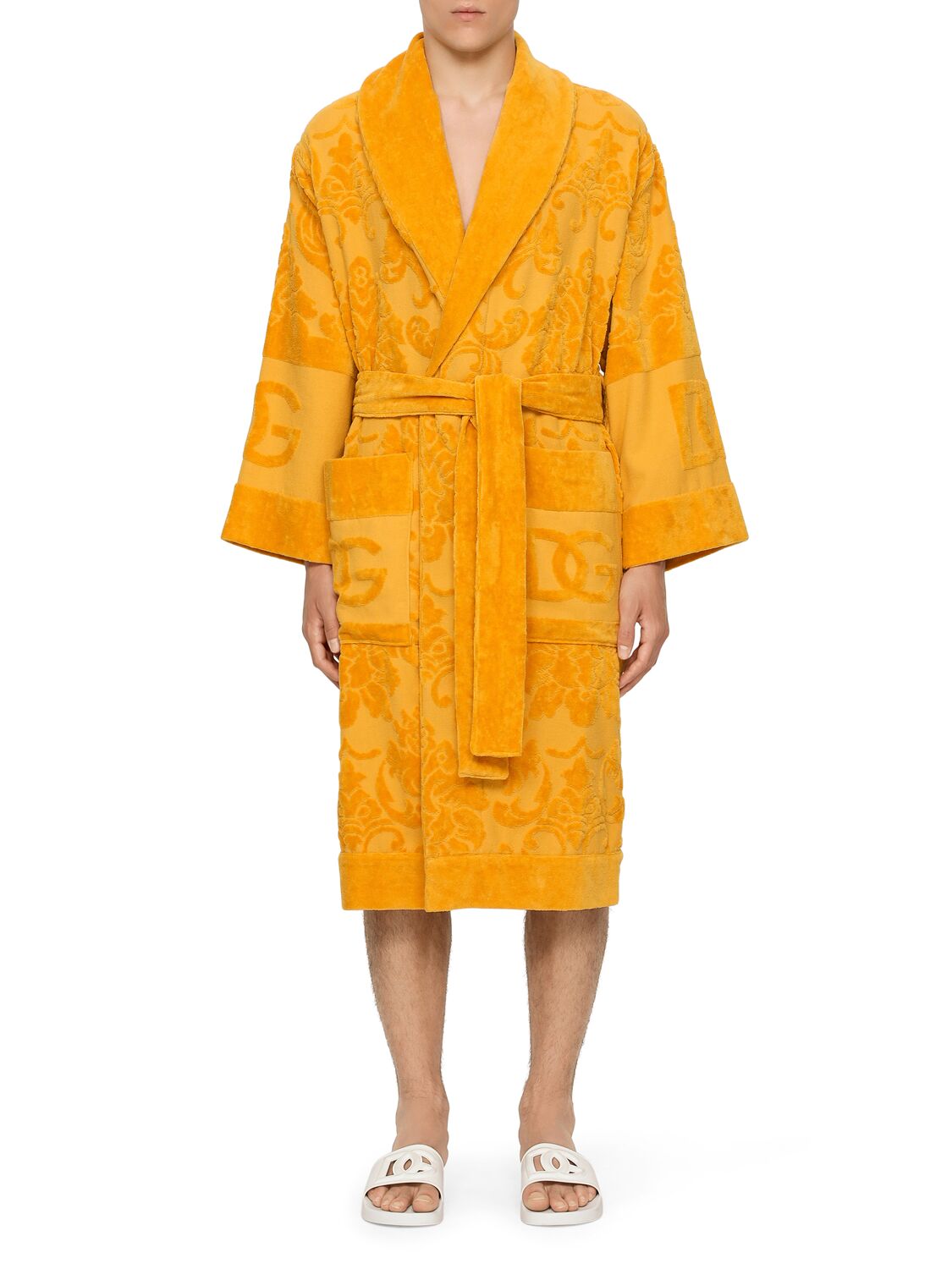 Shop Dolce & Gabbana Cotton Jacquard Bathrobe In Yellow