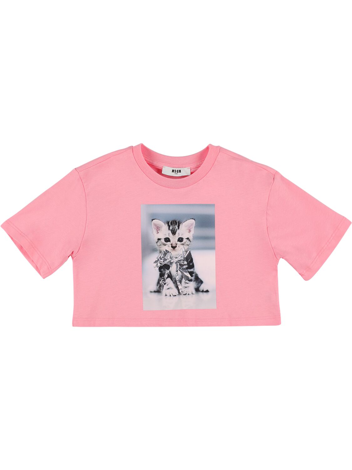 Msgm Kids' Printed Cotton Jersey Cropped T-shirt In Pink