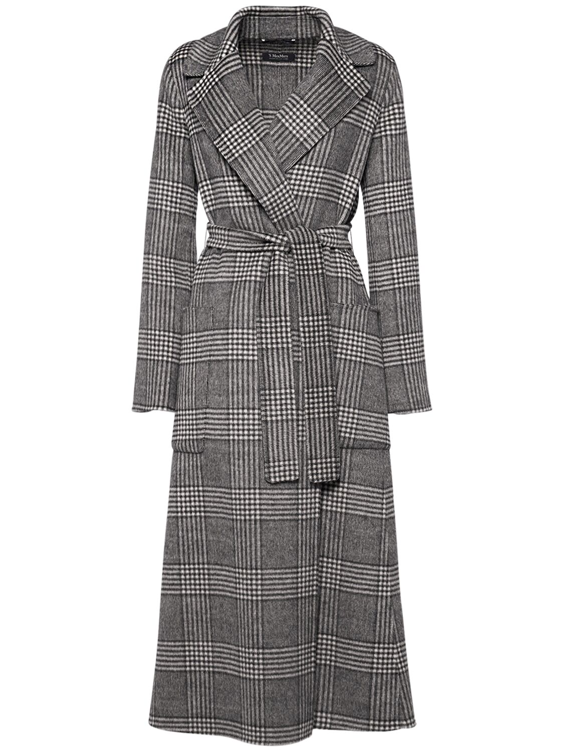 's Max Mara Galles Checked Wool Belted Long Coat In Grey/multi