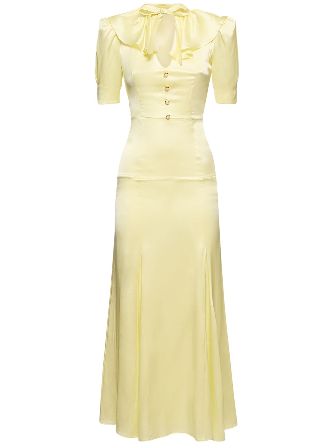 Alessandra Rich Silk Satin Short Sleeve Long Dress In Light Yellow