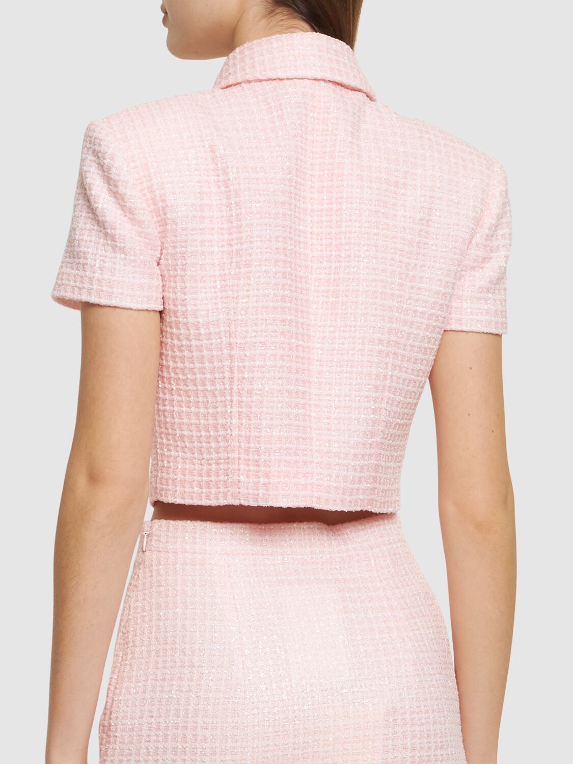 Shop Alessandra Rich Sequined Tweed Crop Top W/bow In Light Pink
