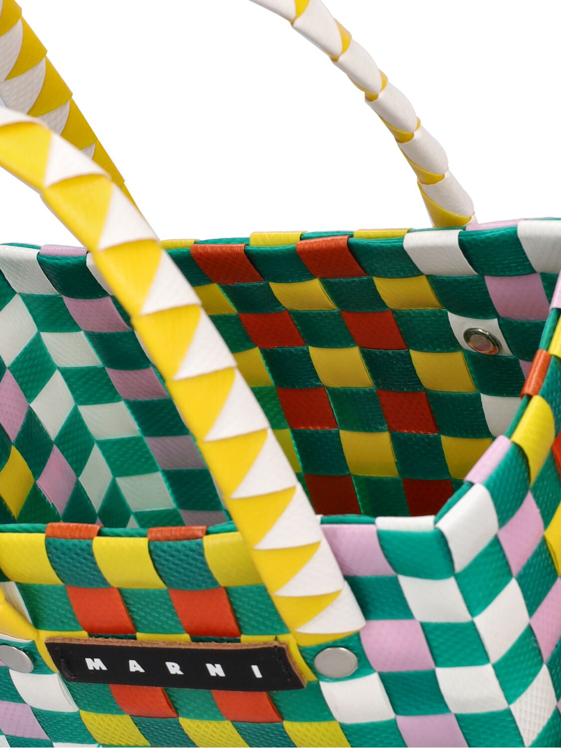 Shop Marni Junior Color Block Woven Basket Bag W/ Logo In Green,pink