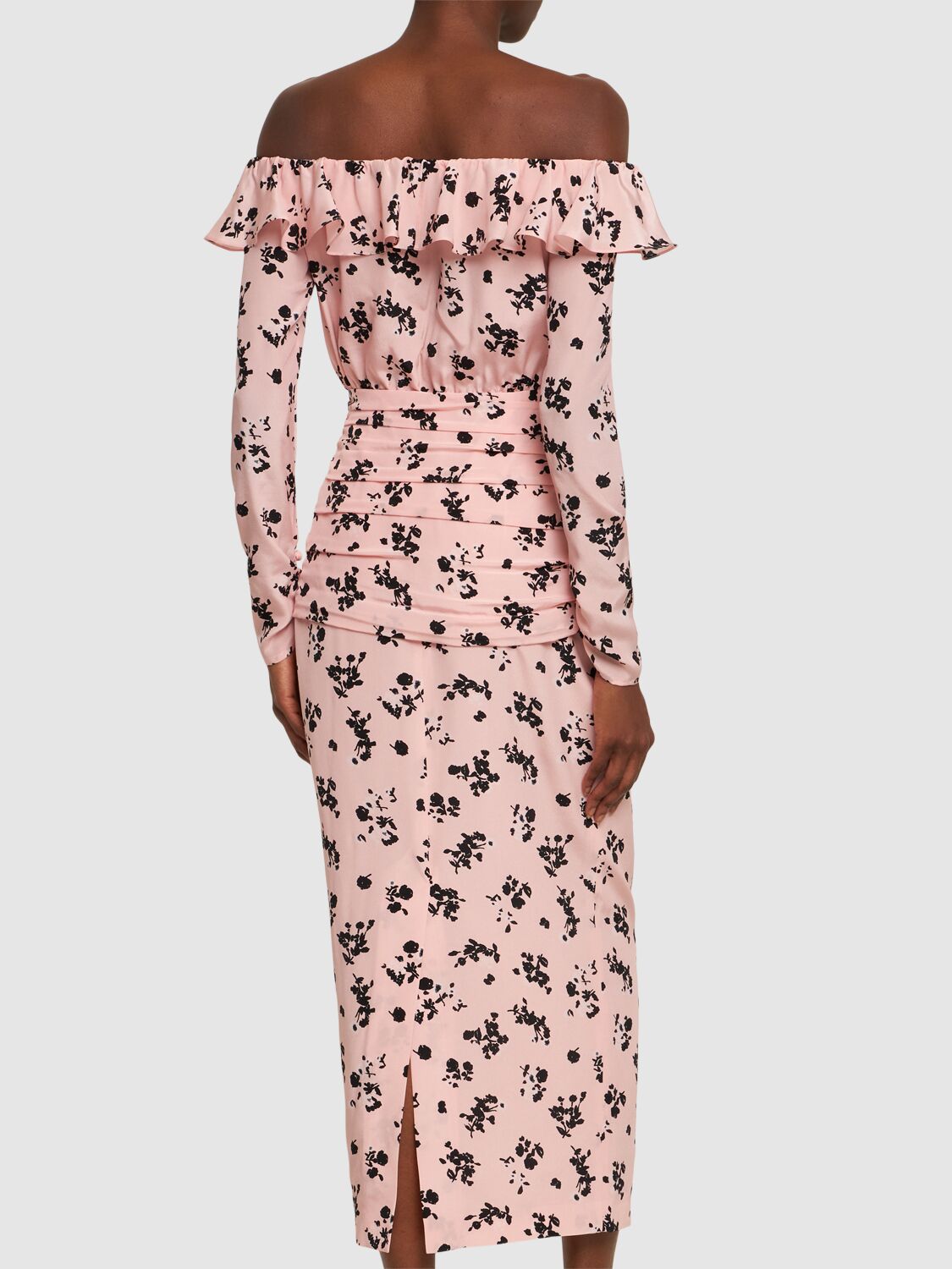 Shop Alessandra Rich Printed Silk Off-the-shoulder Midi Dress In Pink,black