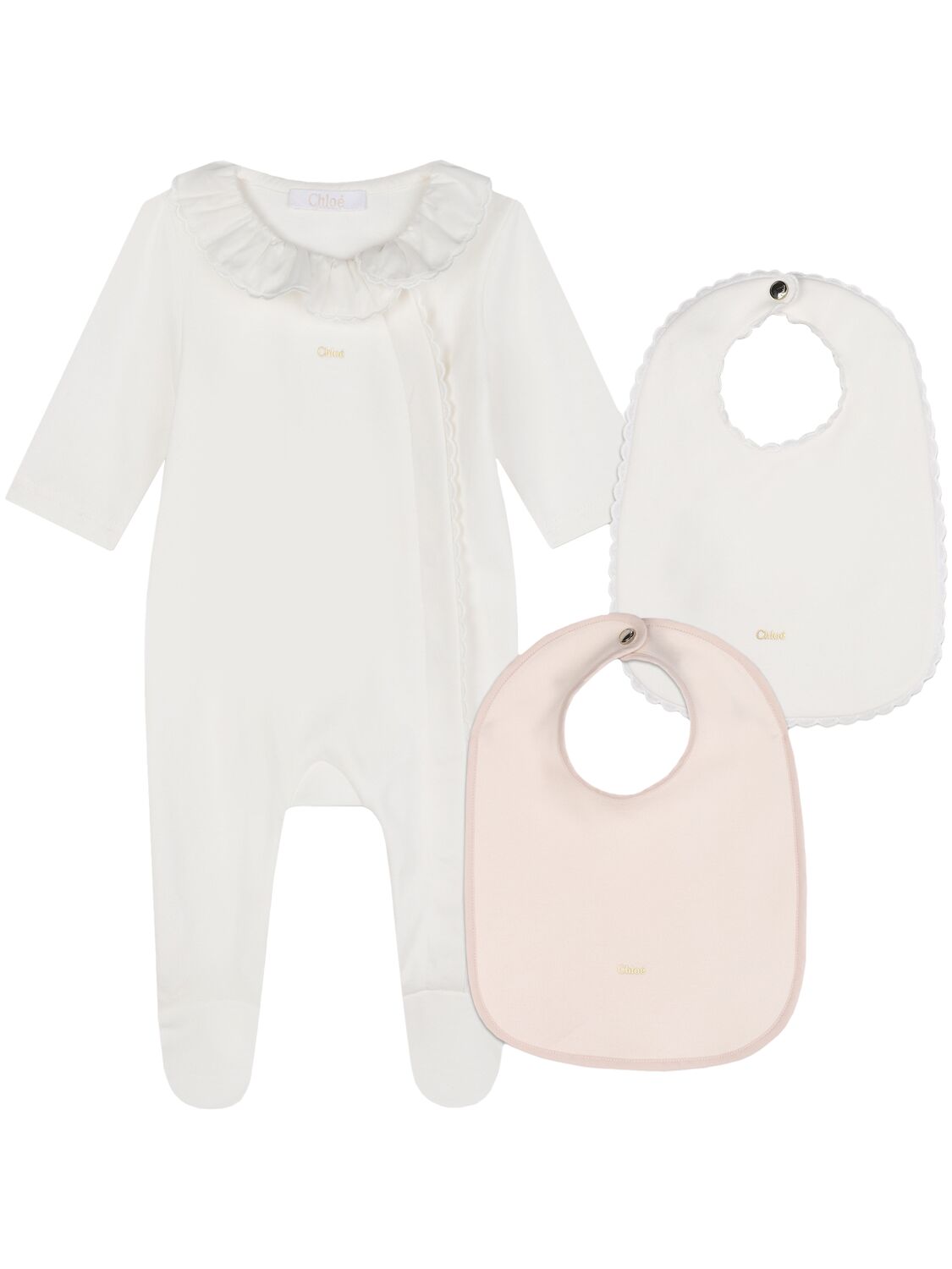 Chloé Organic Cotton Romper & 2 Bibs In White