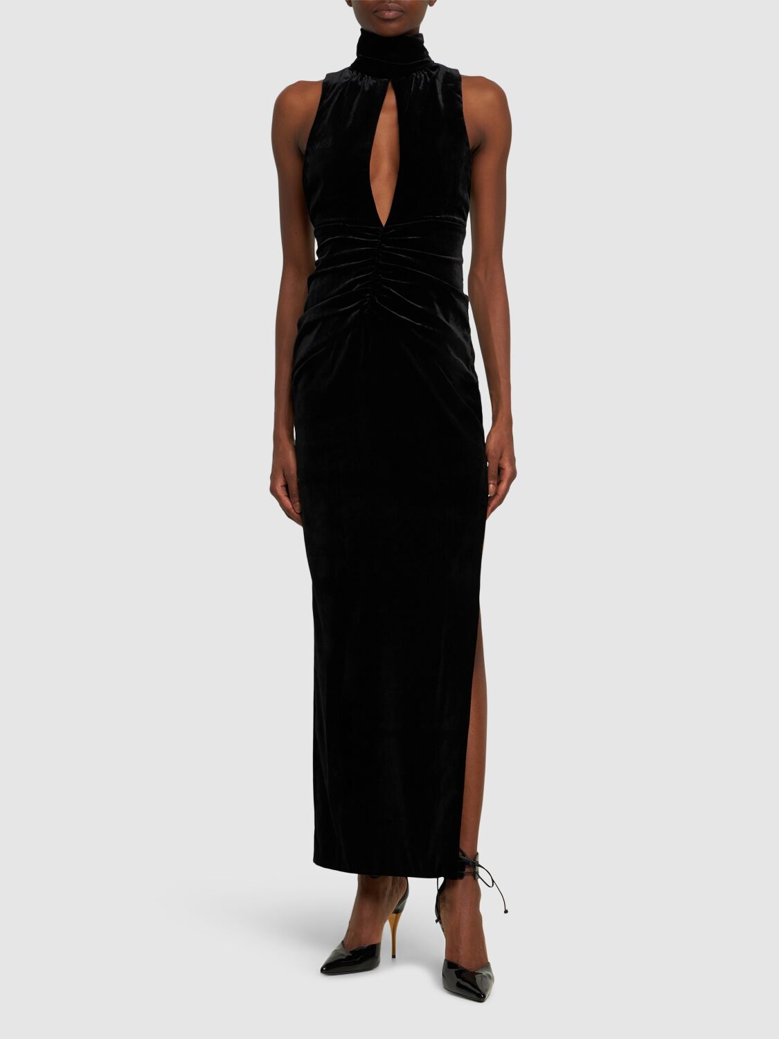 Shop Alessandra Rich Velvet High Neck Draped Long Dress In Black