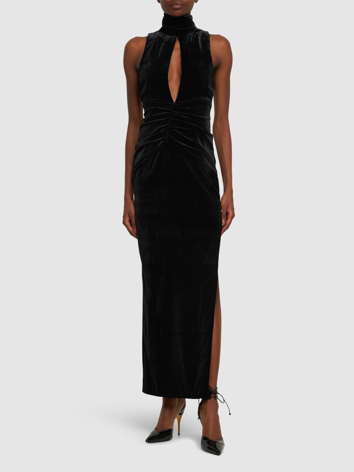 Alessandra Rich Ruched Cutout Velvet Gown In Black