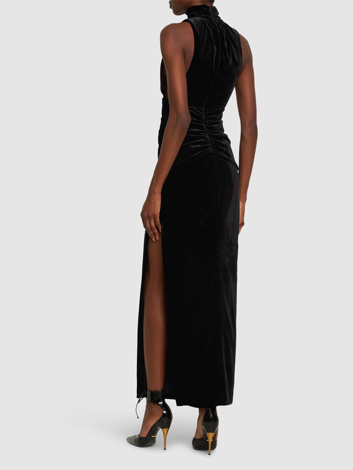 Alessandra Rich Ruched Cutout Velvet Gown In Black