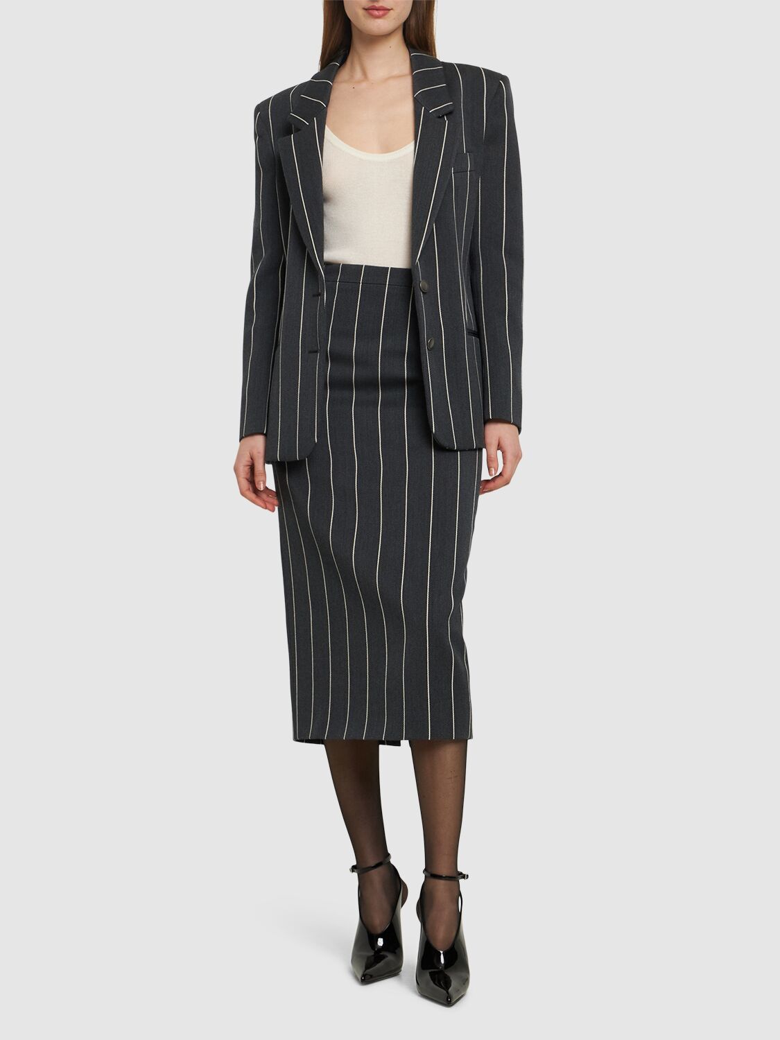 Shop Alessandra Rich Pinstriped Light Wool Midi Skirt In Grey,white