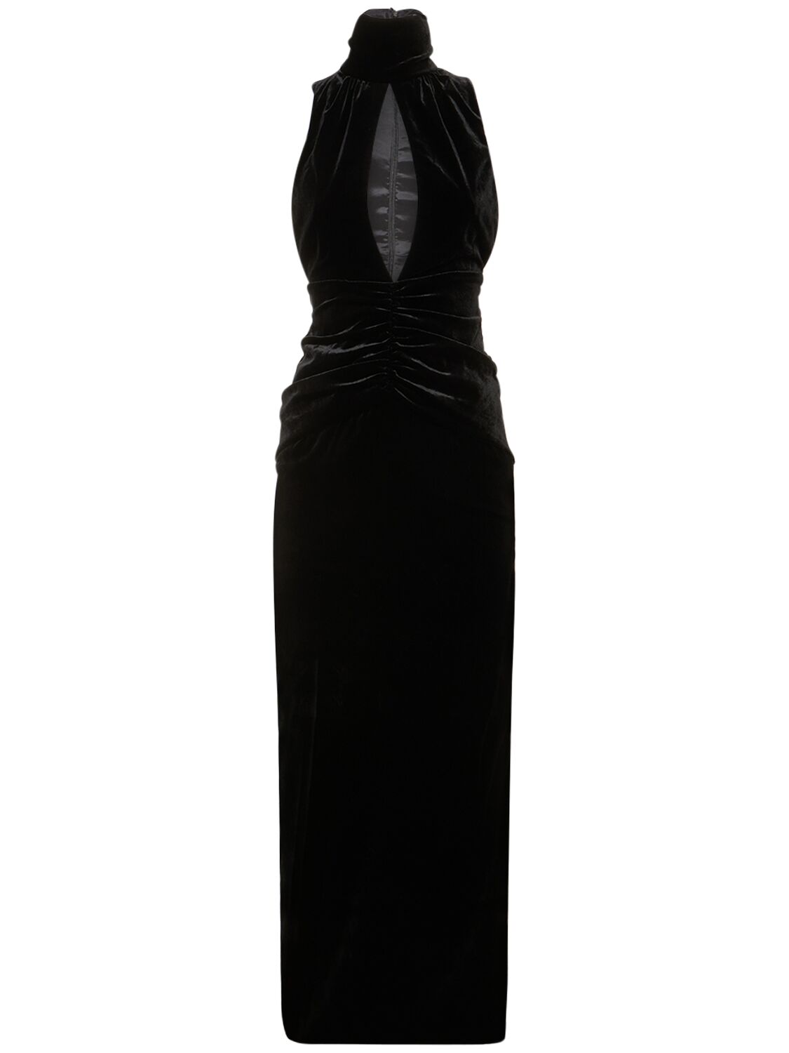 Alessandra Rich Velvet High Neck Draped Long Dress In Black