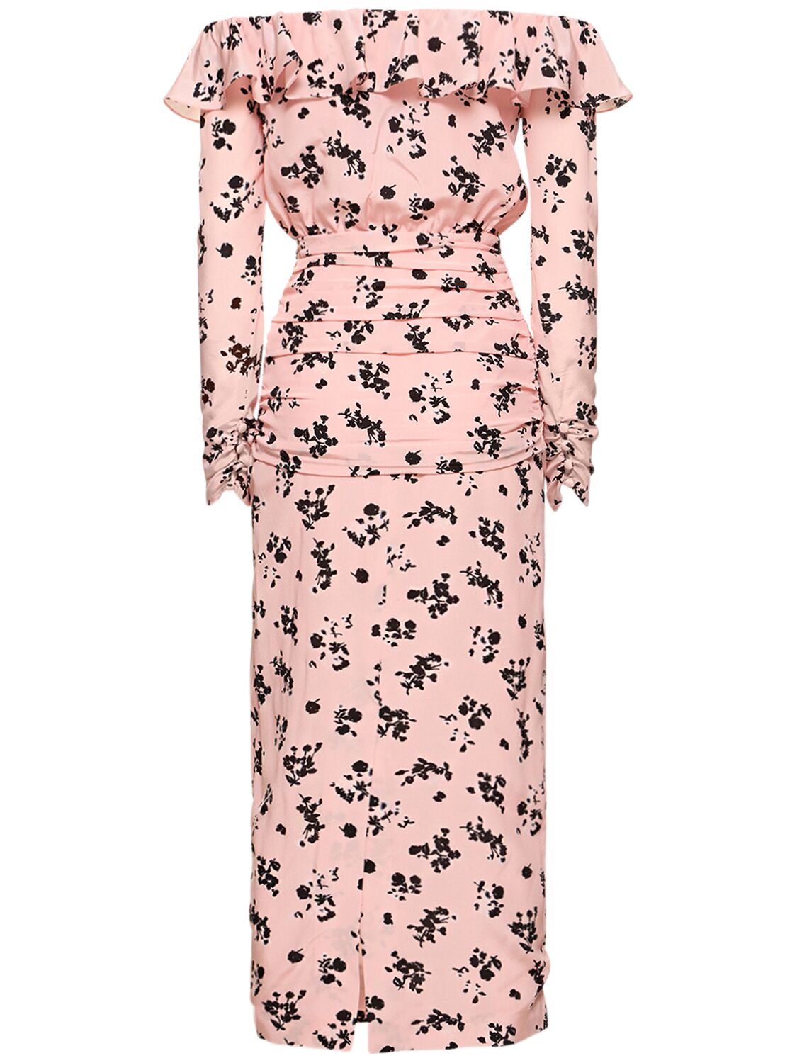 Shop Alessandra Rich Printed Silk Off-the-shoulder Midi Dress In Pink,black