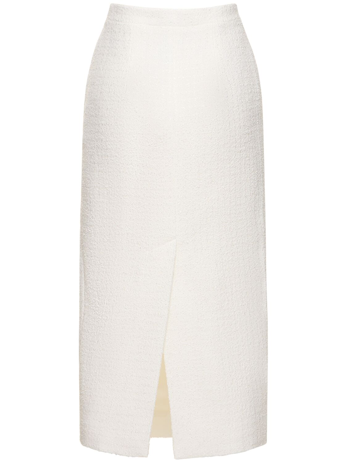 Shop Alessandra Rich High Waisted Tweed Bouclé Midi Skirt In White