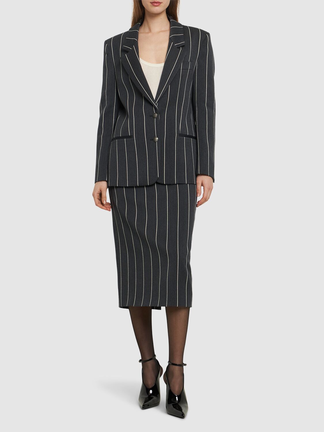 Shop Alessandra Rich Pinstripe Light Wool Tailored Jacket In Grey,white