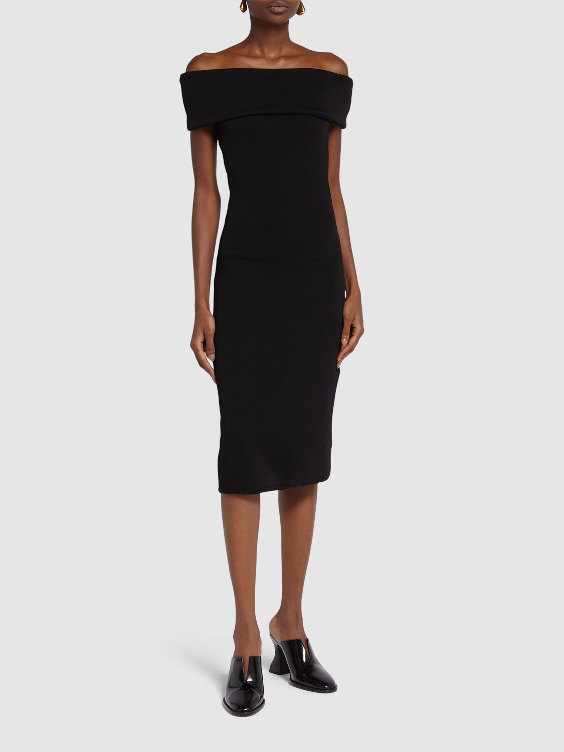 Shop Bottega Veneta Textured Nylon Off-the-shoulder Dress In Black