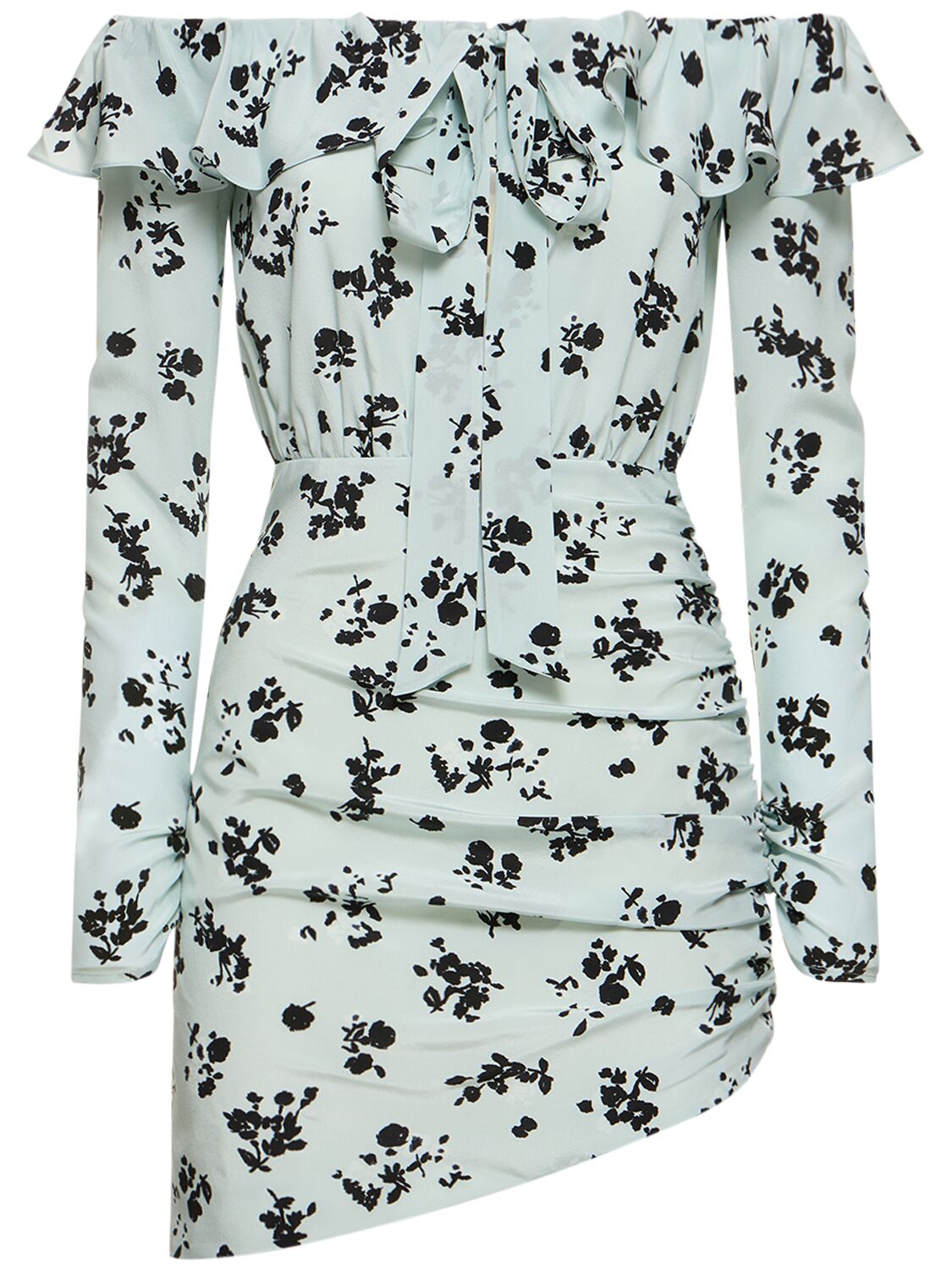 Shop Alessandra Rich Printed Off-the-shoulder Silk Mini Dress In Multicolor