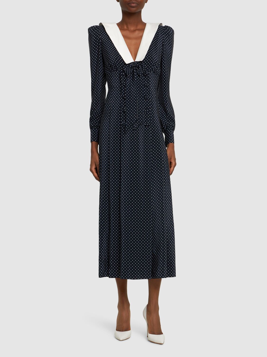 Shop Alessandra Rich Polka Dot Silk Long Sleeve Maxi Dress In Navy,white