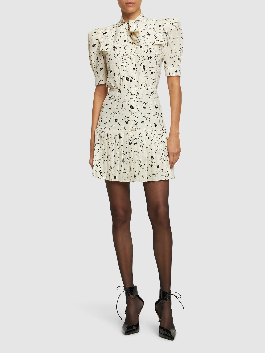 Shop Alessandra Rich Printed Silk Pleated Mini Dress In Ivory,black