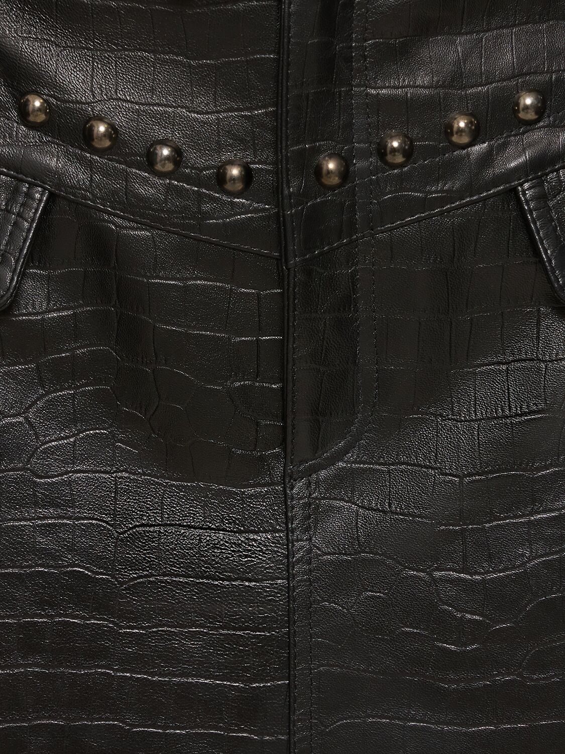 Shop Alessandra Rich Croco Print Leather Midi Skirt W/ Studs In Black