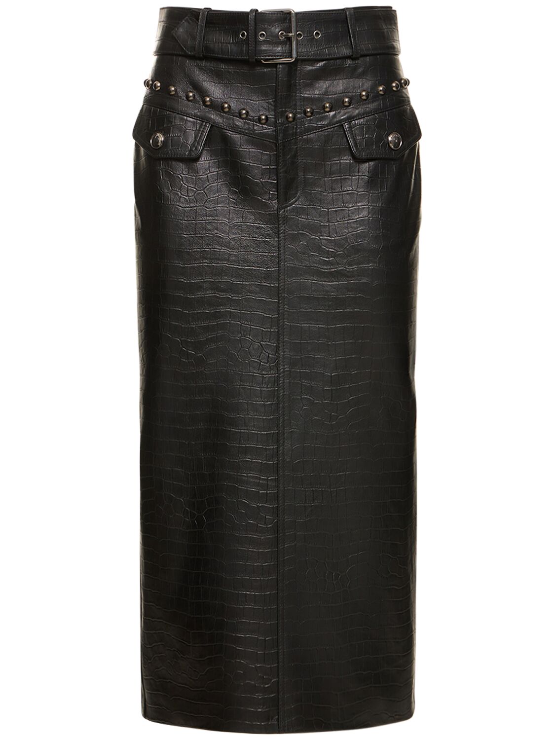 Alessandra Rich Croco Print Leather Midi Skirt W/ Studs In Black
