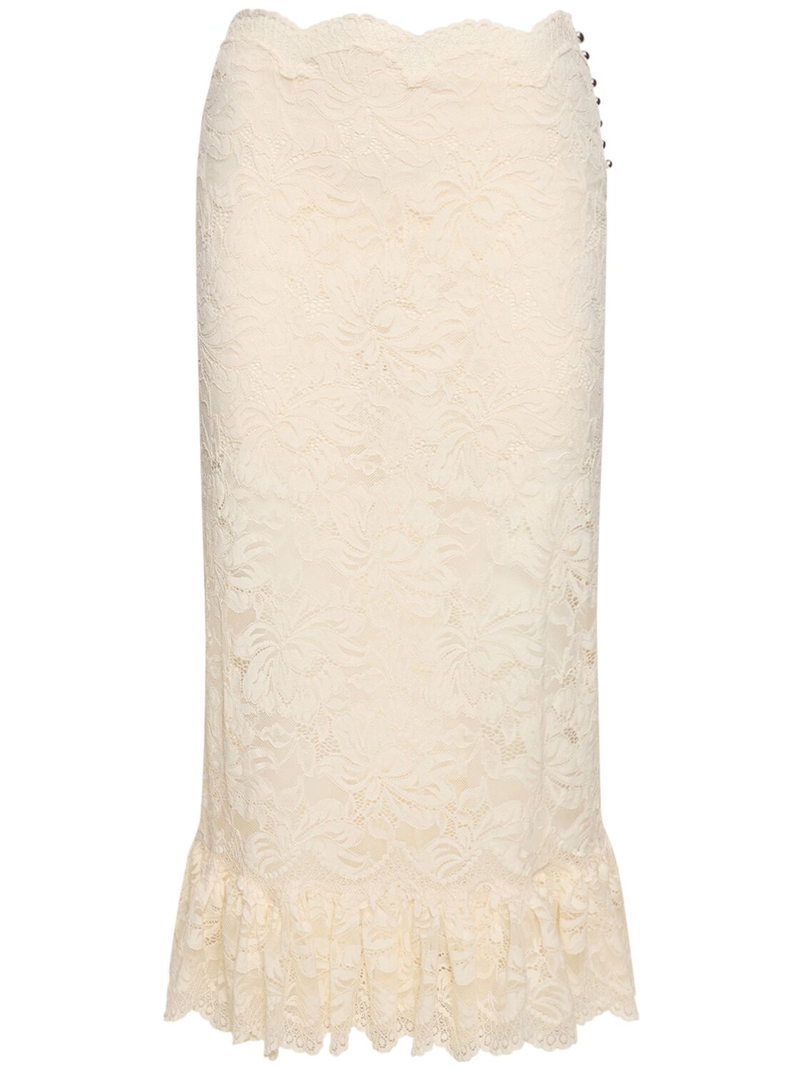 Shop Rabanne High Rise Lace Flared Midi Skirt In Ivory