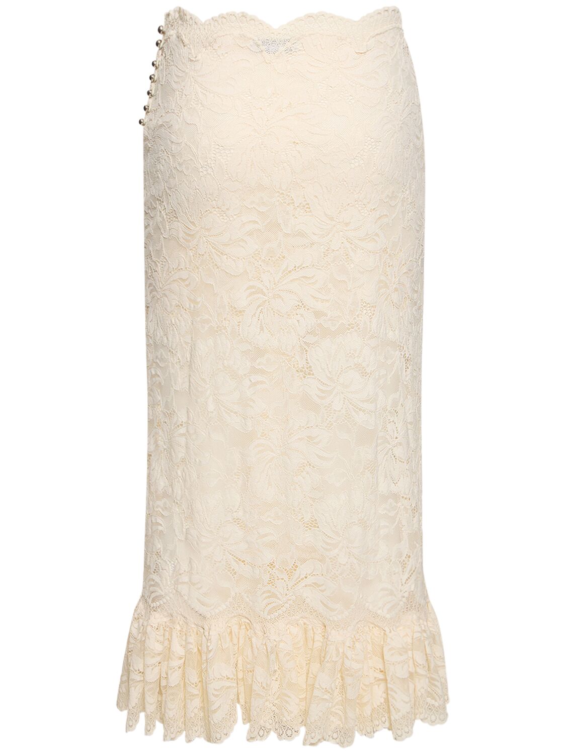 Shop Rabanne High Rise Lace Flared Midi Skirt In Ivory