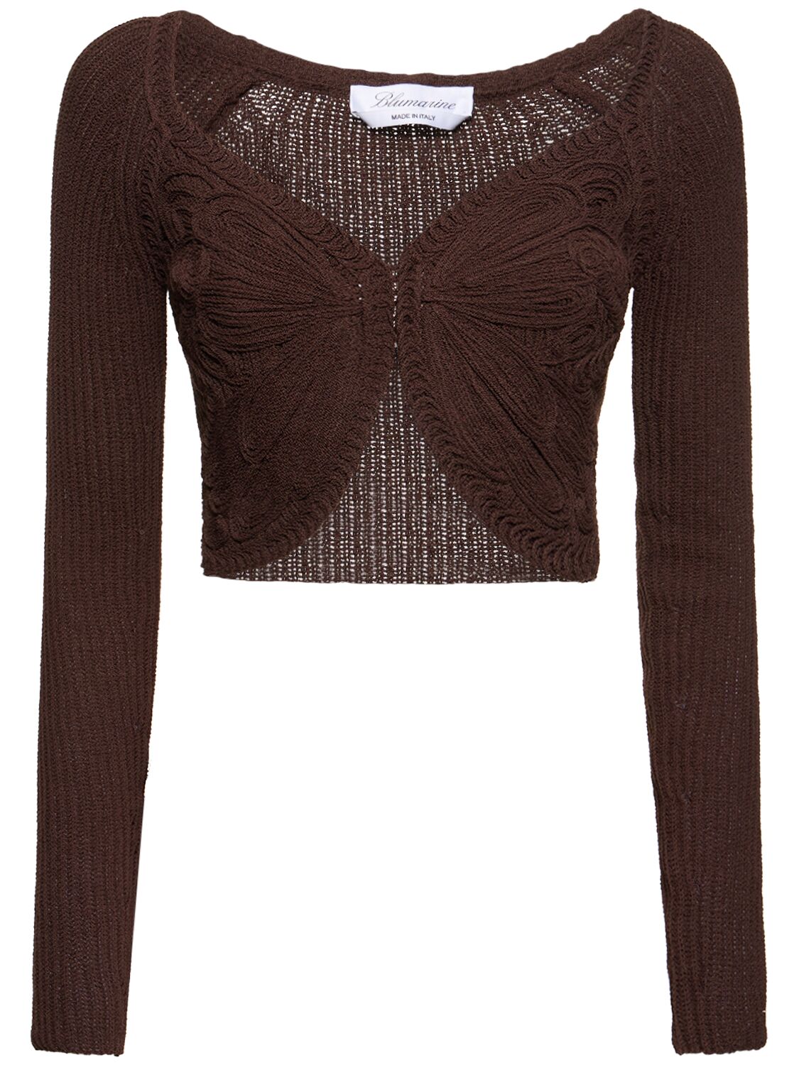 Blumarine Cotton Blend Knit Crop Cardigan In Dark Brown