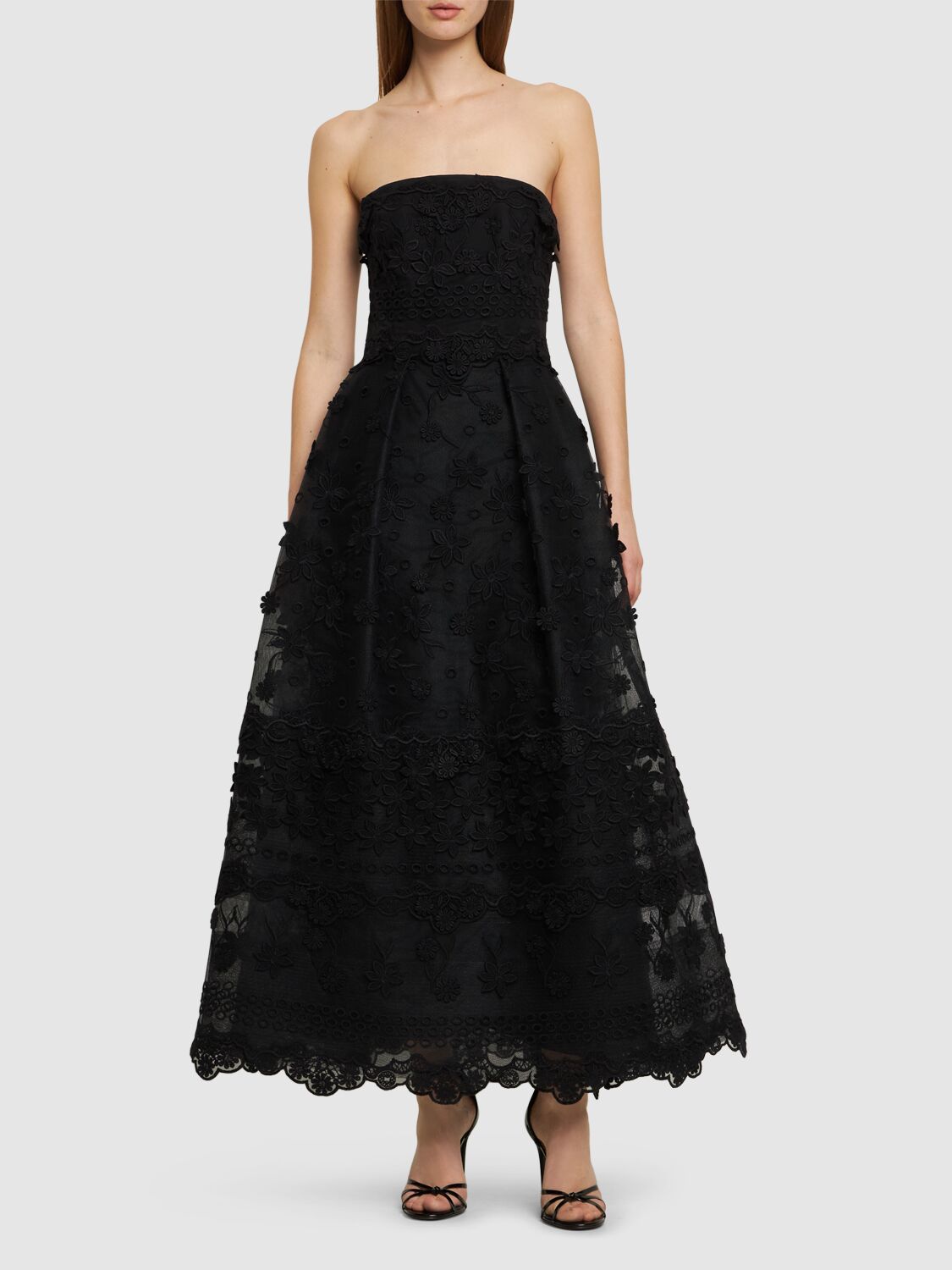 Shop Elie Saab Embroidered Tulle Strapless Midi Dress In 블랙