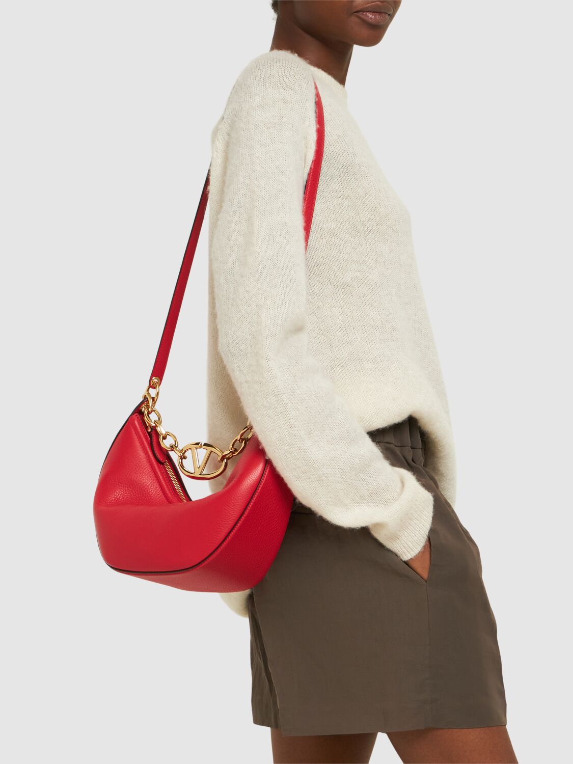 Small V Logo Gate Leather Top Handle Bag