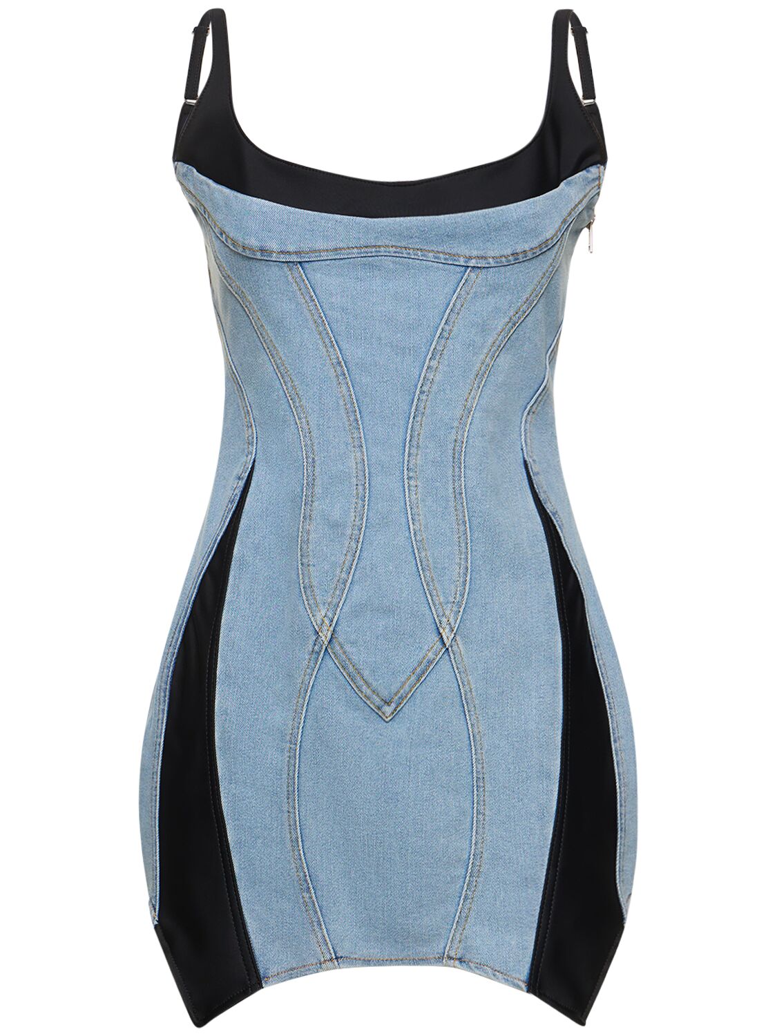 Mugler Denim & Jersey Mini Dress In Blue,black