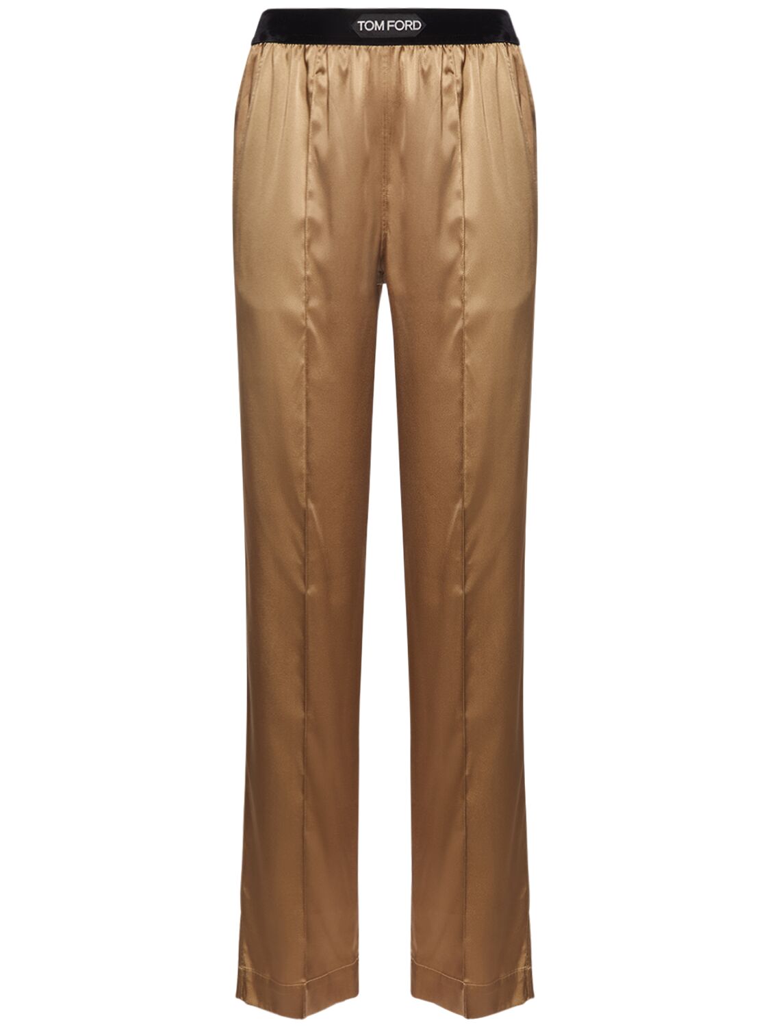 Shop Tom Ford Stretch Silk Satin Straight Pants In Champagne