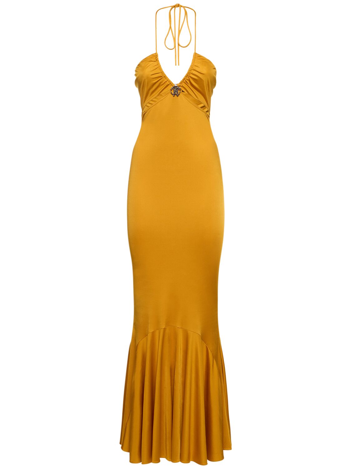 Roberto Cavalli Viscose Jersey Halter Neck Long Dress In Dark Yellow