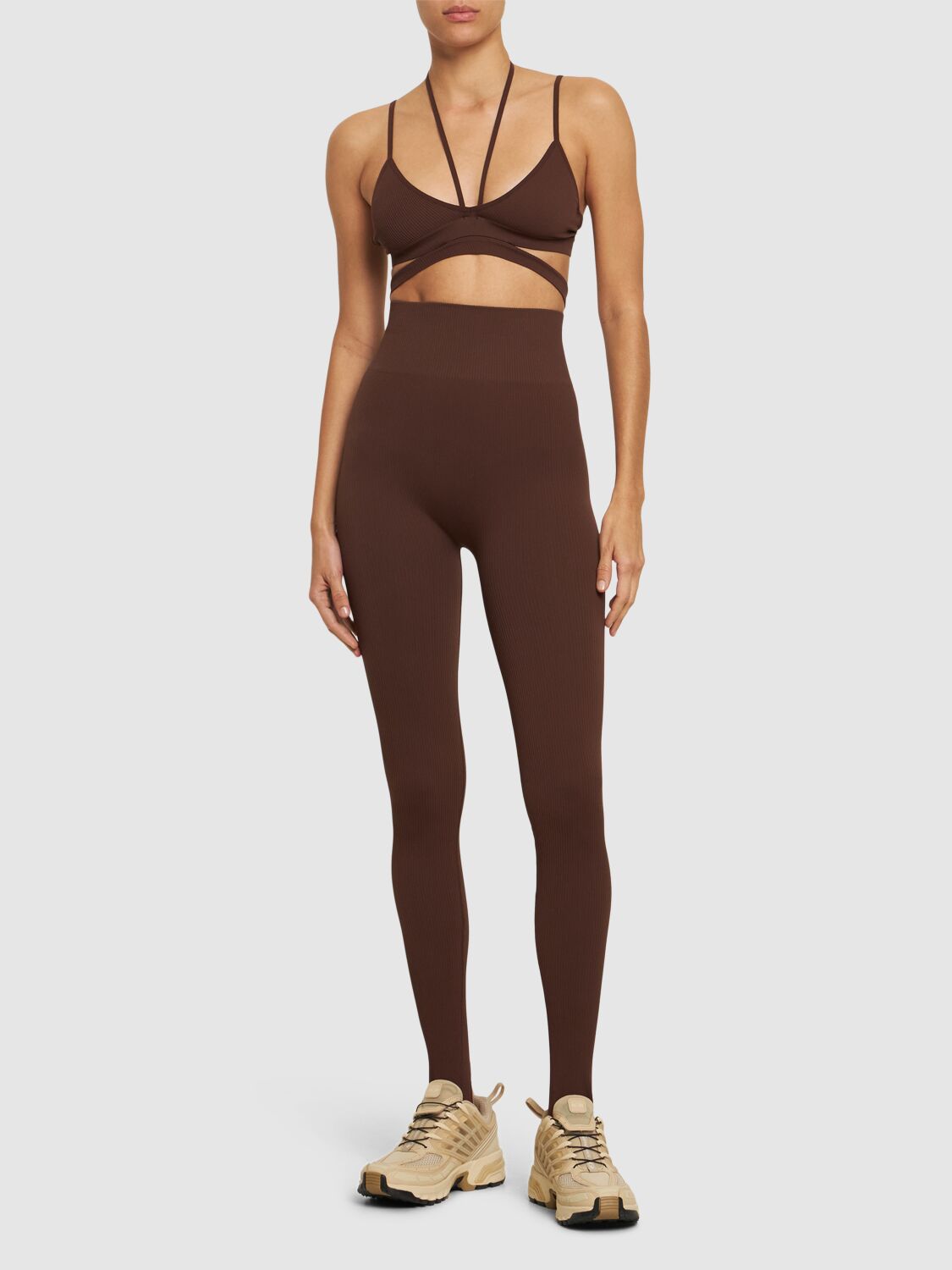 Andreädamo Brown Ribbed Open Toe Leggings In Brown