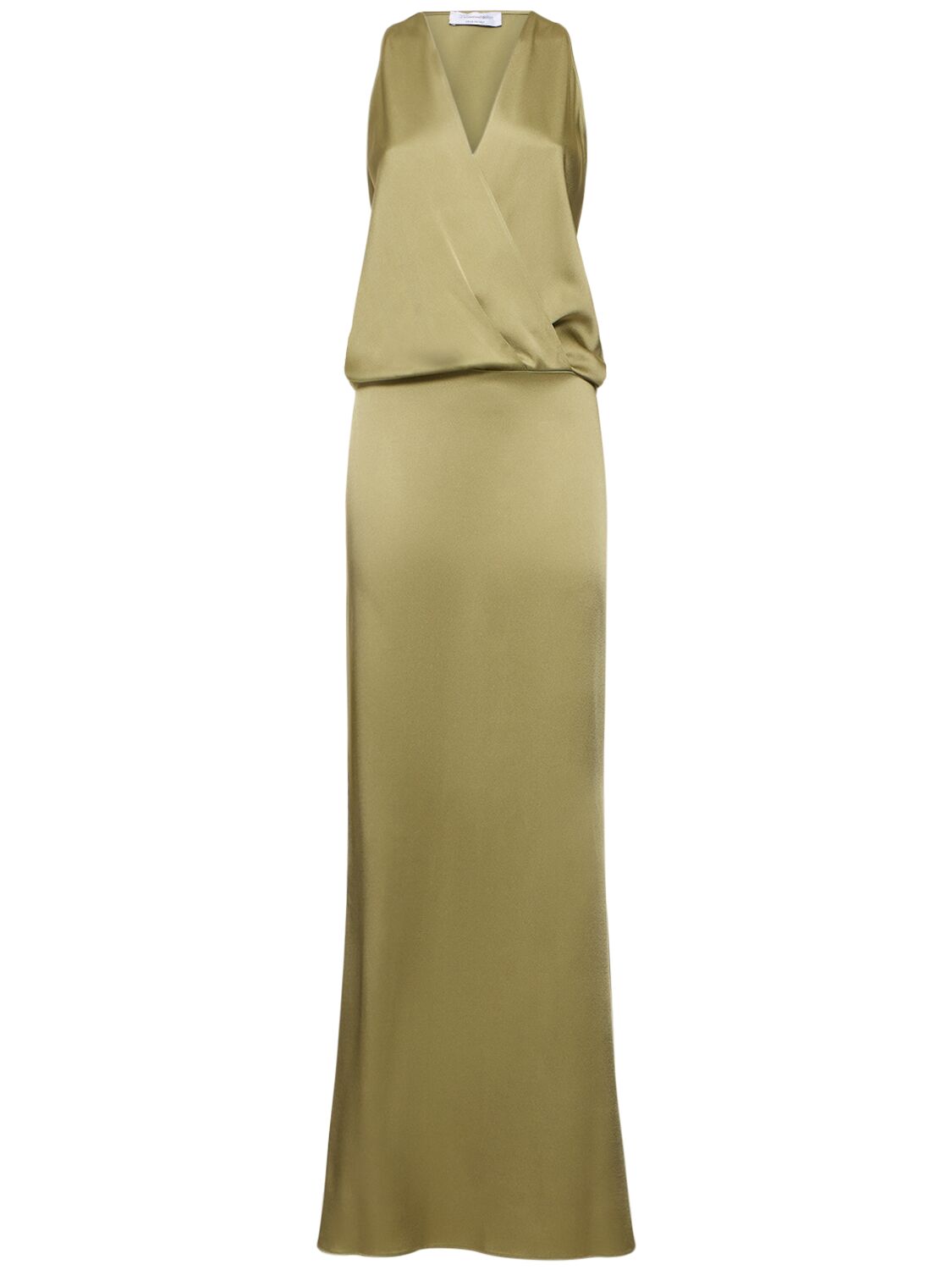 Shop Blumarine Sleeveless Satin Long Dress In Olive Green
