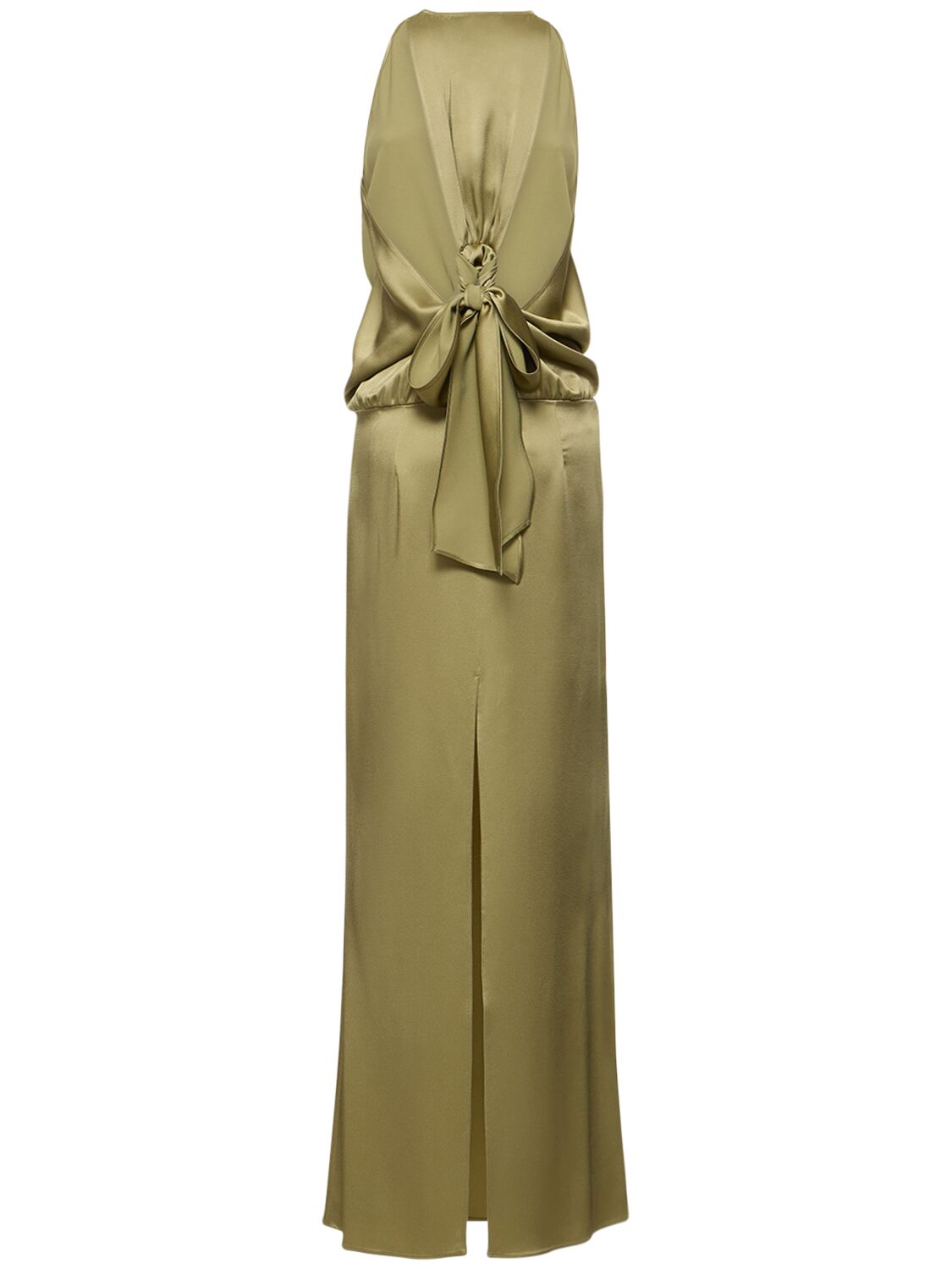 Shop Blumarine Sleeveless Satin Long Dress In Olive Green