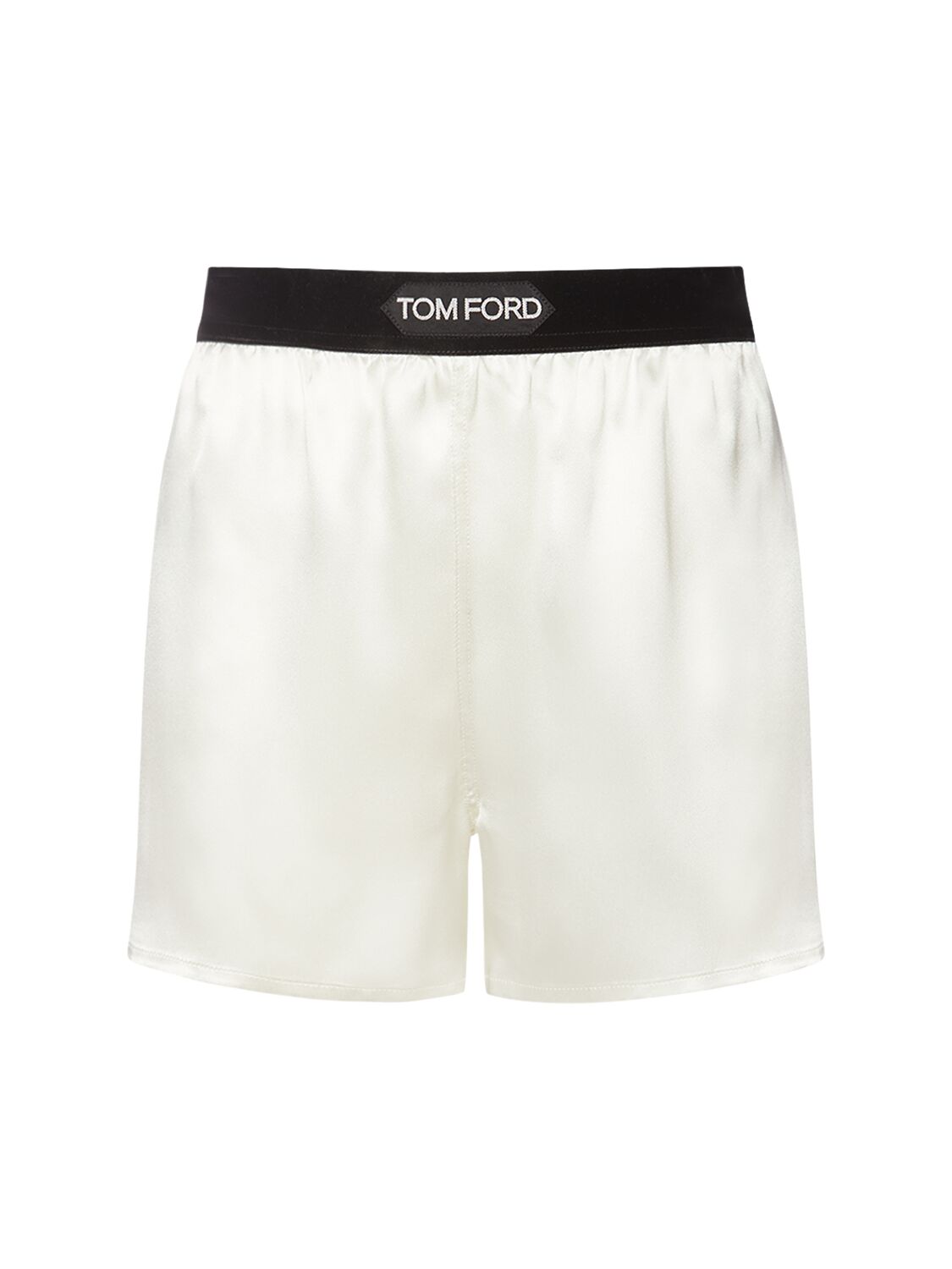 Tom Ford Logo Silk Satin Mini Shorts In Ecru