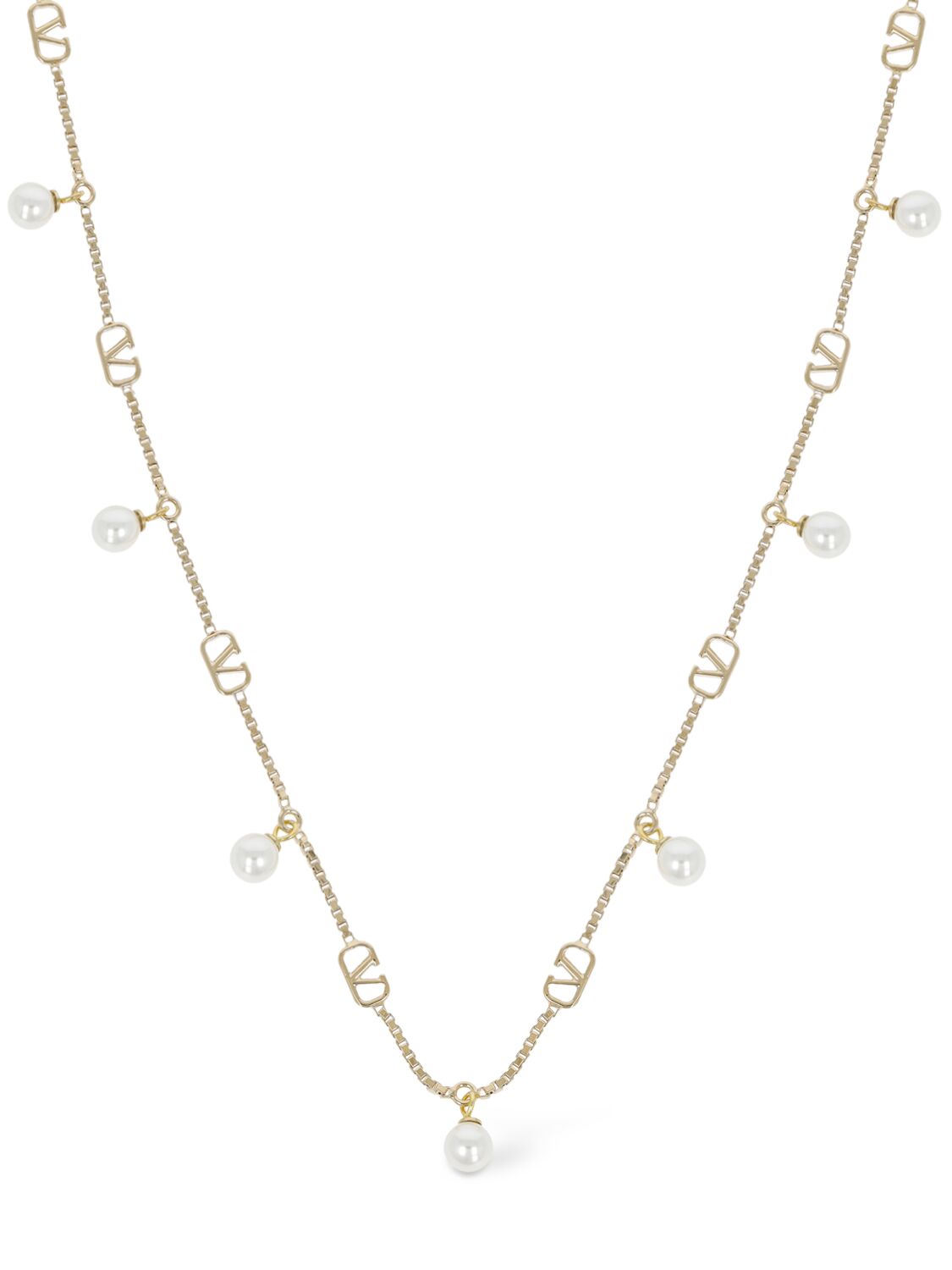 Valentino Garavani V Logo Signature Faux Pearl Necklace In Gold,cream