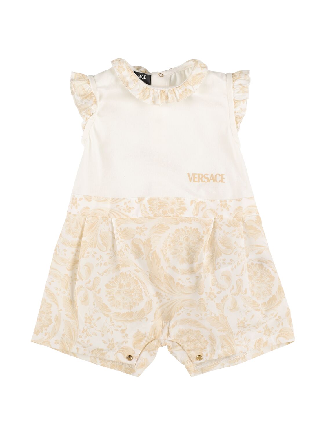 Versace Babies' 印花棉质府绸连身裤 In White,beige