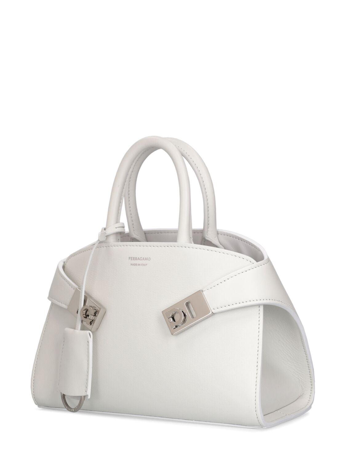Shop Ferragamo Mini Hug Leather Top Handle Bag In Optic White