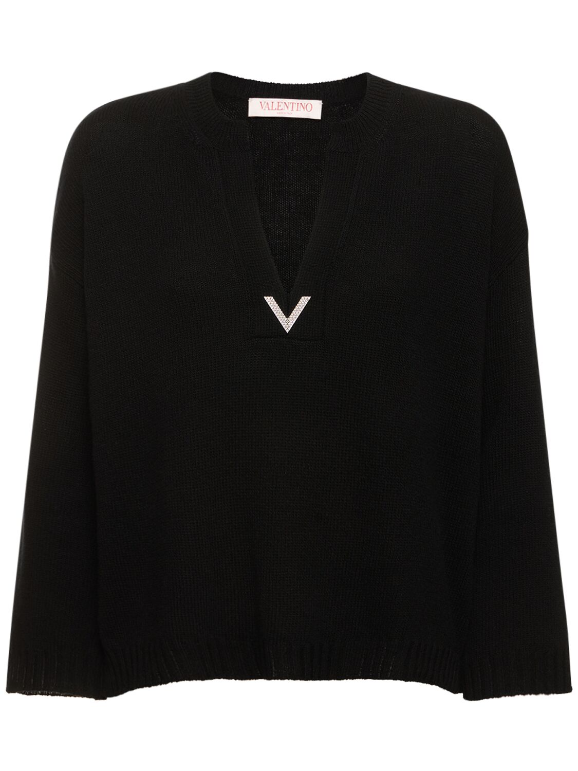 Valentino Wool Knit V-neck Sweater In Black
