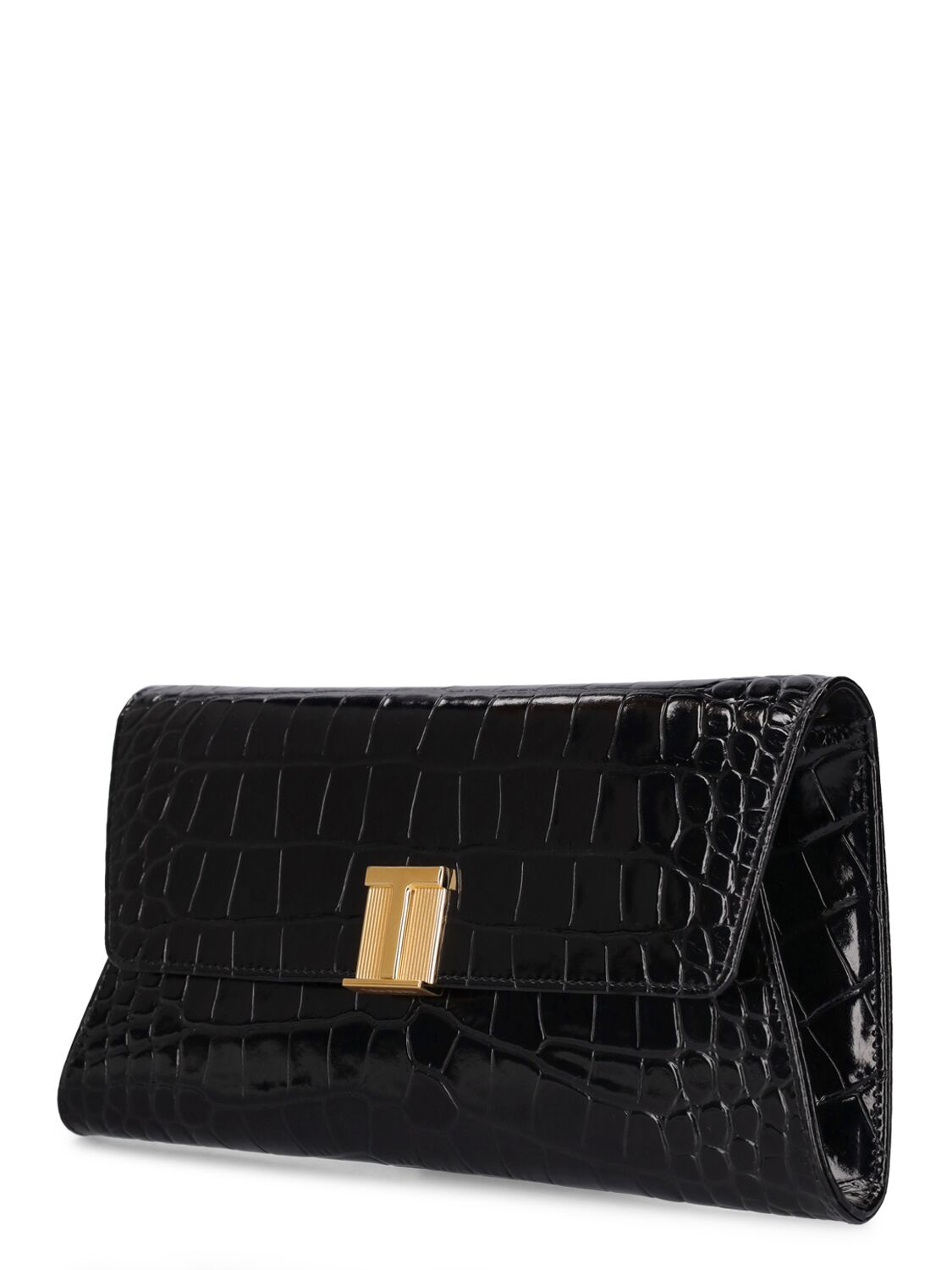 Shop Tom Ford Shiny Croc Embossed Leather Clutch In Black