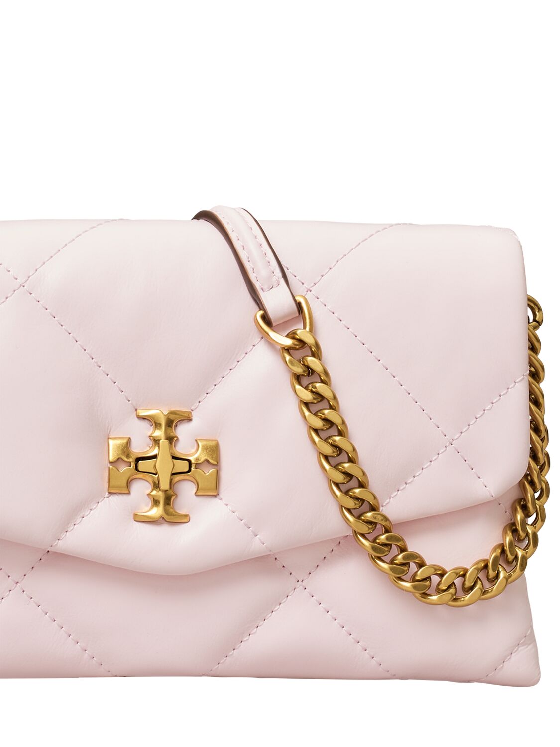 Shop Tory Burch Kira Diamond Quilted Wallet W/ Chain In Rose Salt