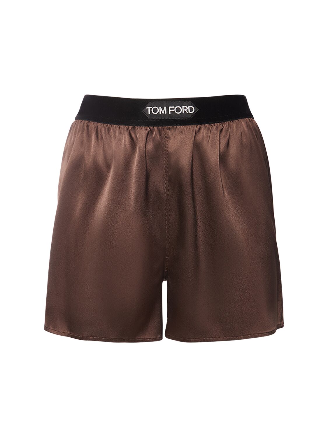 Tom Ford Logo Silk Satin Mini Shorts In Brown