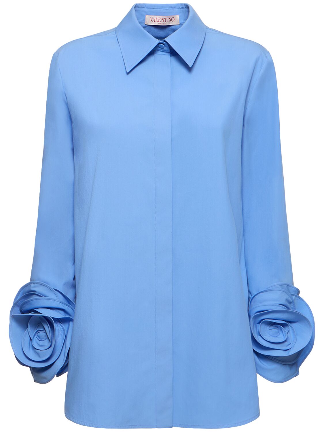 Valentino Cotton Poplin Shirt W/ Rose Cuffs In Blue