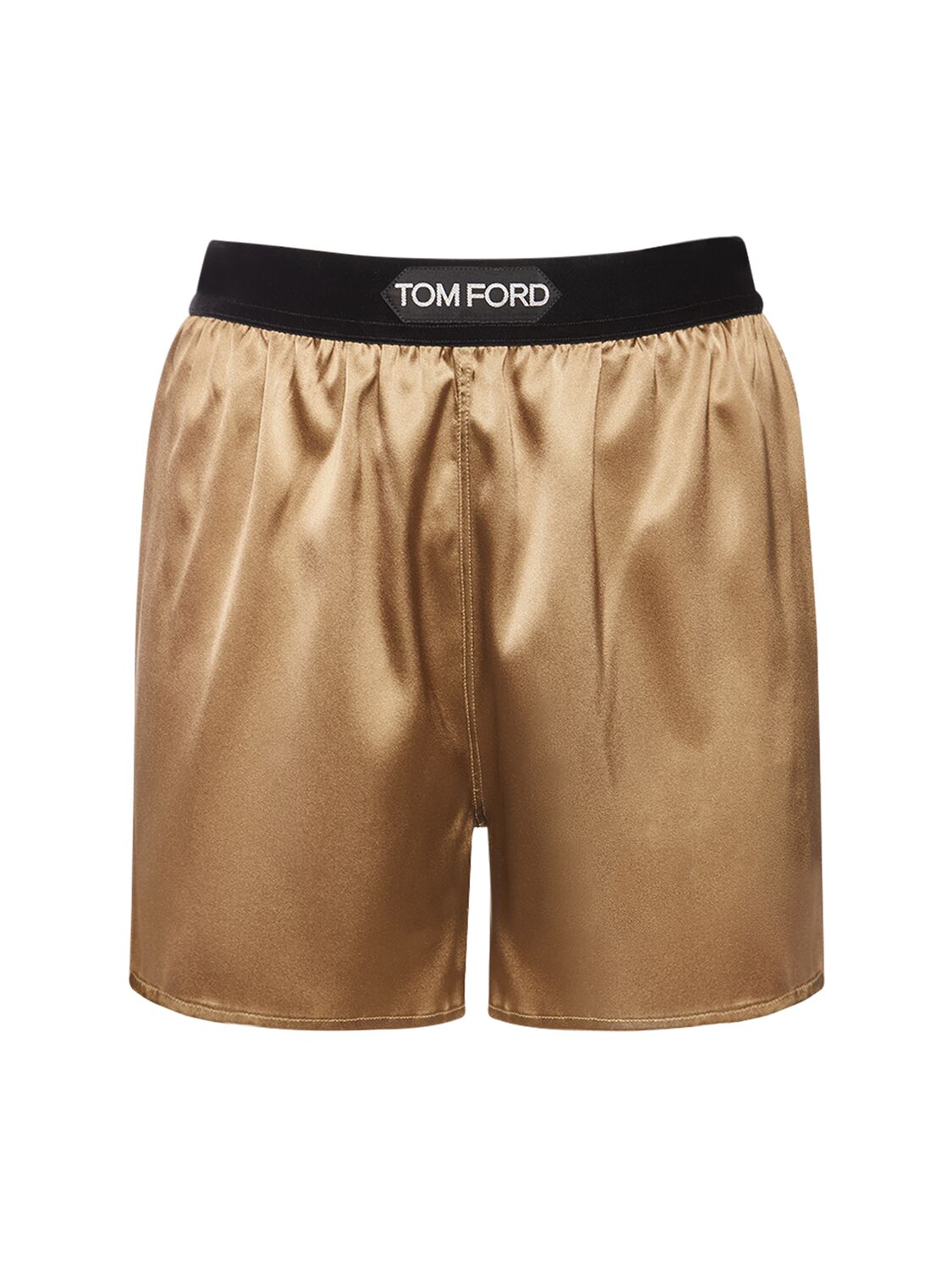 Tom Ford Logo Satin Shorts In Gold