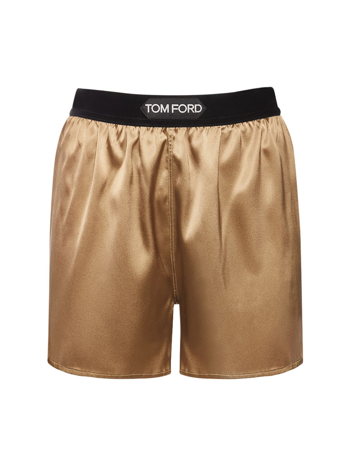 Tom Ford Logo Satin Shorts In Champagne