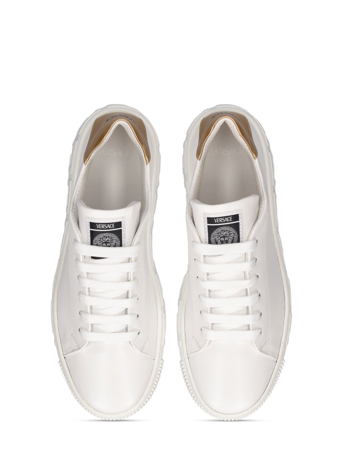 Shop Versace La Greca Fabric Sneakers In White,gold