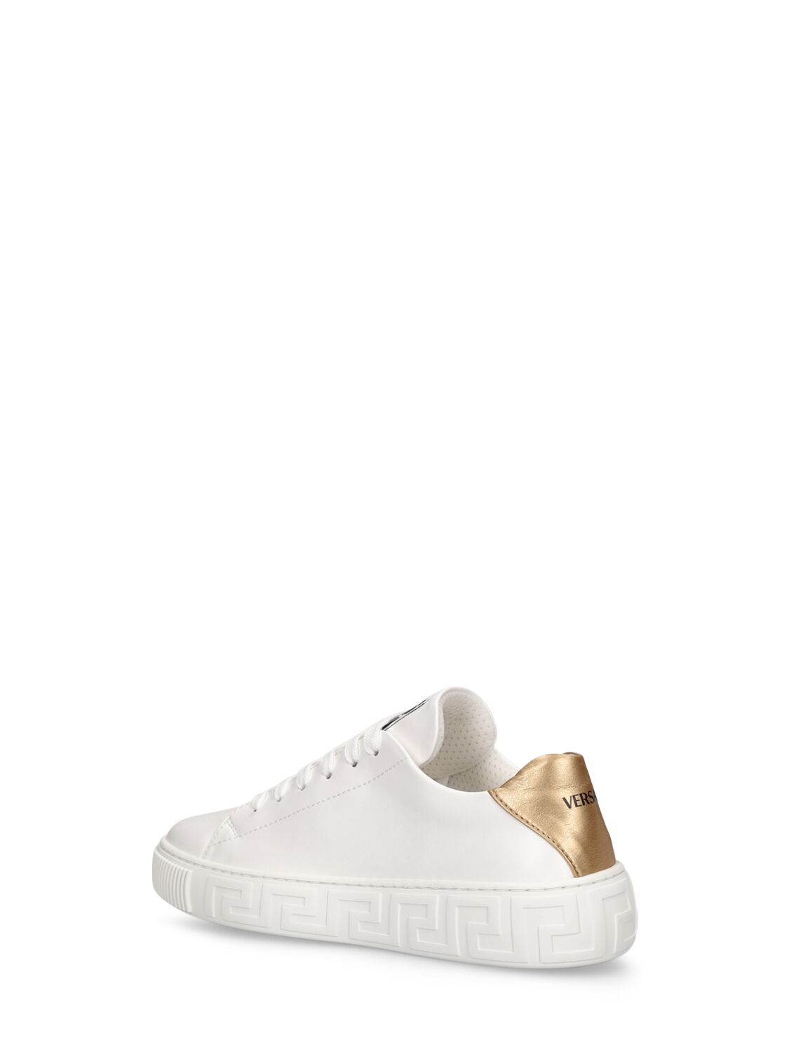 Shop Versace La Greca Fabric Sneakers In White,gold