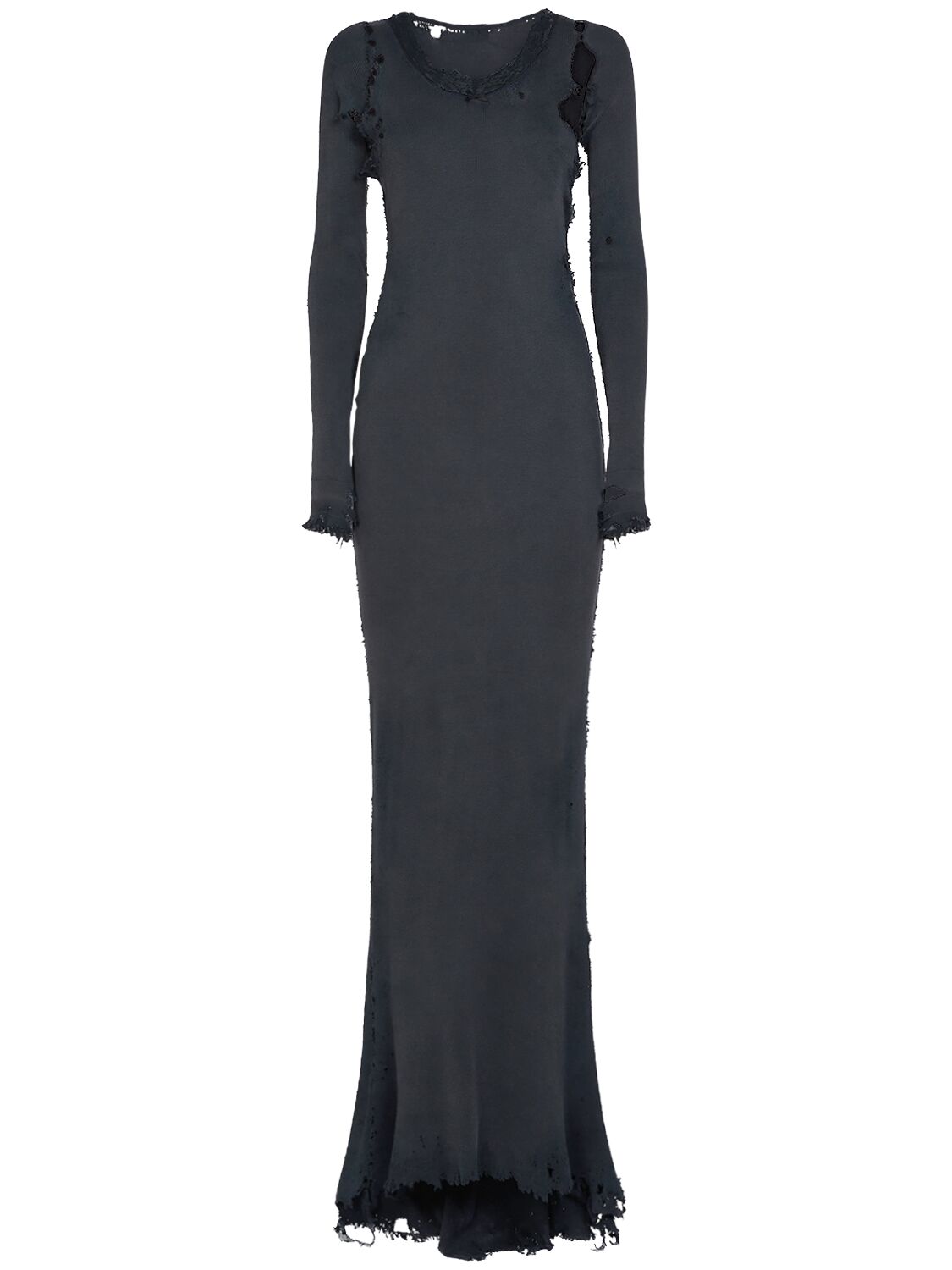 Balenciaga Distressed Lace-trimmed Ribbed Cotton-jersey Maxi Dress In Washed Black