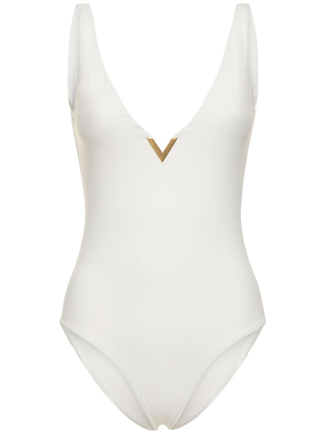 Valentino Lycra V-neck Logo One Piece Swimsuit In White